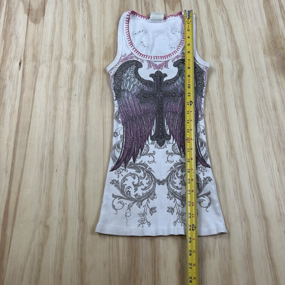 Vocal USA Women's Fitted White Bling Bedazzled Wings Tank Top Affliction Style S - Picture 7 of 10